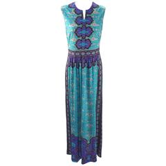 Vintage 1970s Mr. Dino Blue and Purple Silk Jersey Knit Maxi Dress