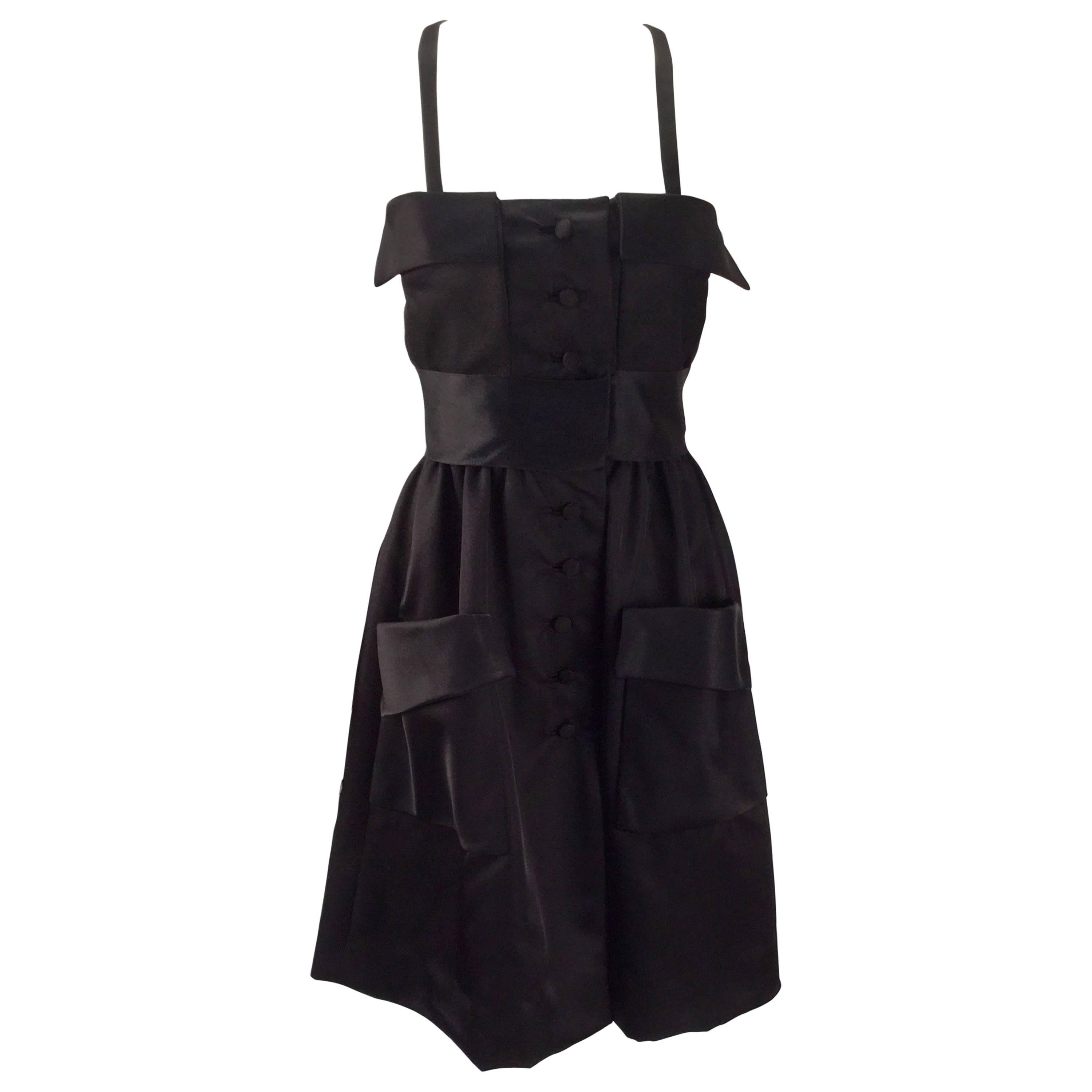 Geoffrey Beene Black Satin Dress with Pockets, 1970s For Sale