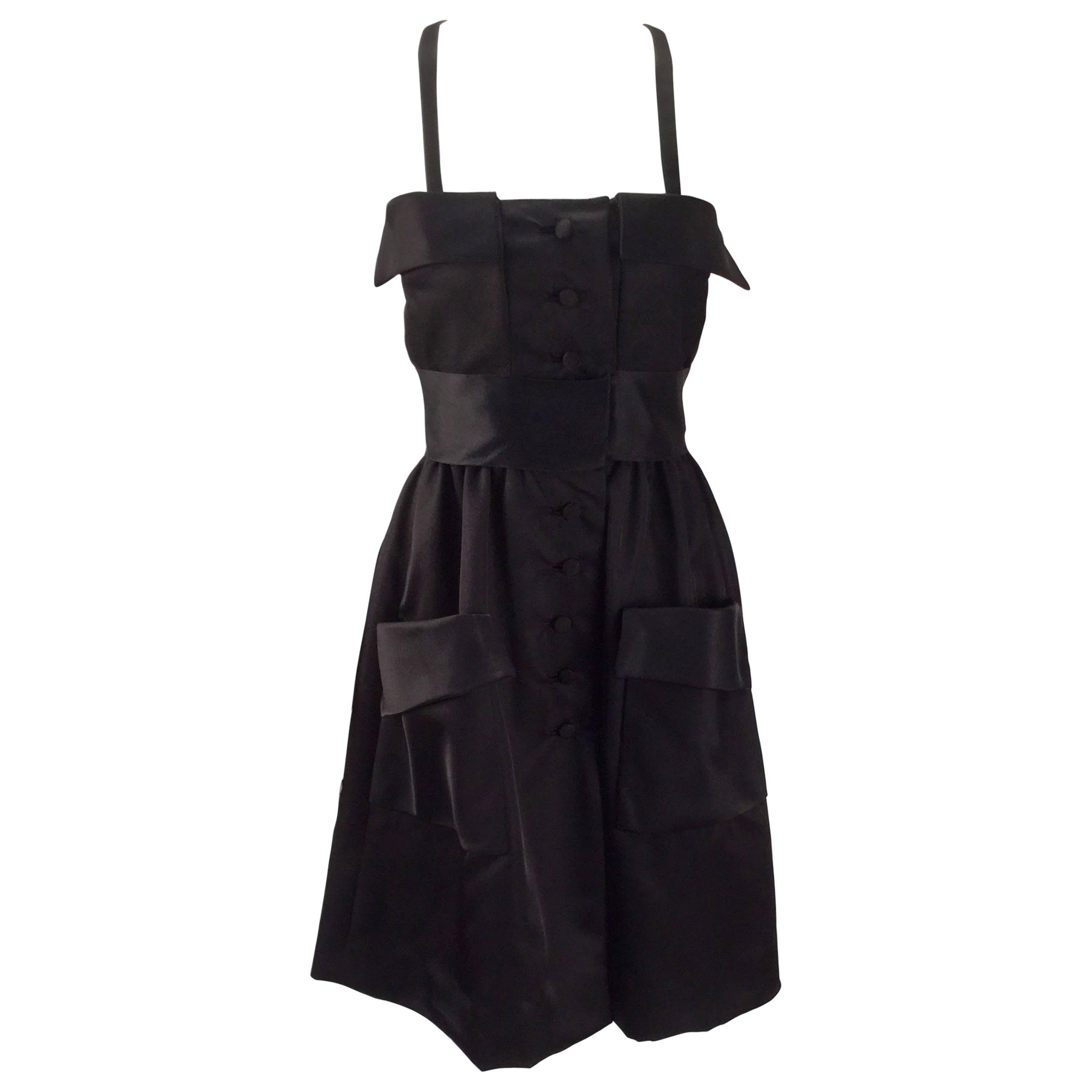 Geoffrey Beene Black Satin Dress with Pockets, 1970s  For Sale