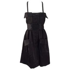 1970s Geoffrey Beene Black Satin Dress with Pockets 2