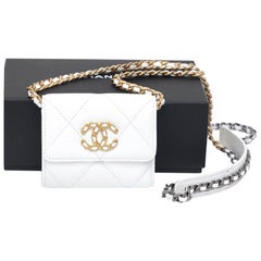 CHANEL White Quilted Leather Mini 19 O-Coin Purse Wallet Chain Cardholder Bag