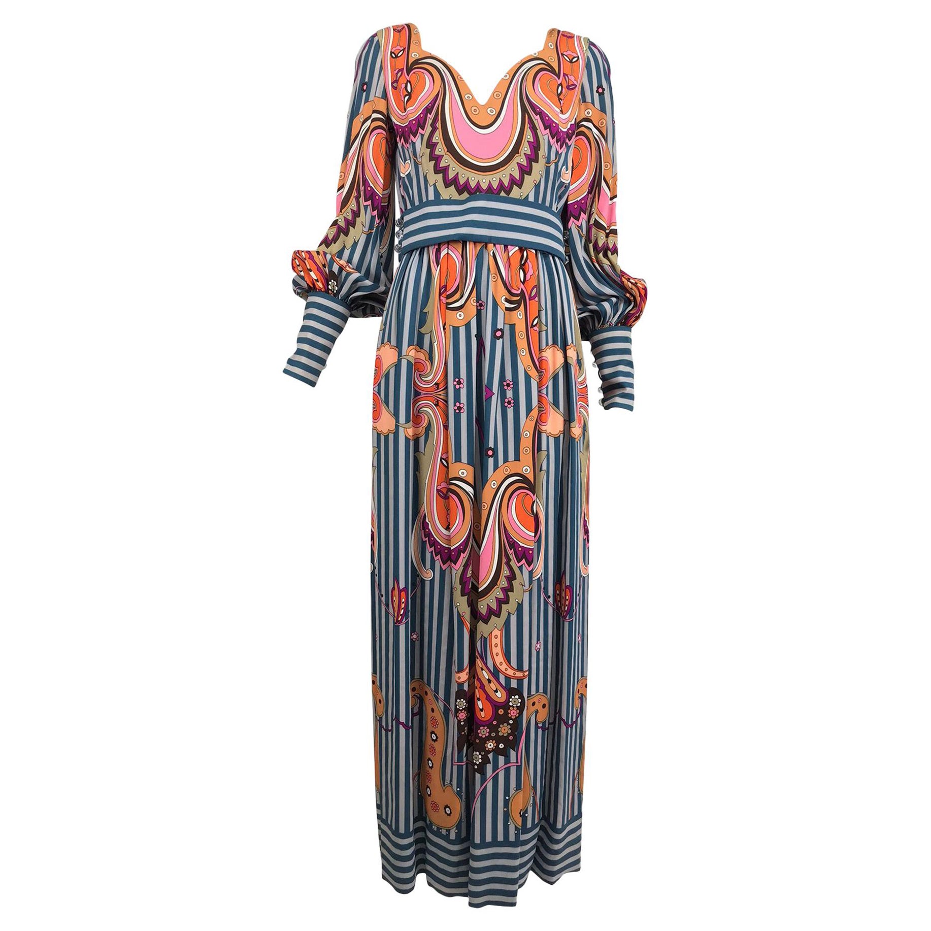 Ronald Amey Silk Print Maxi Dress  1970s