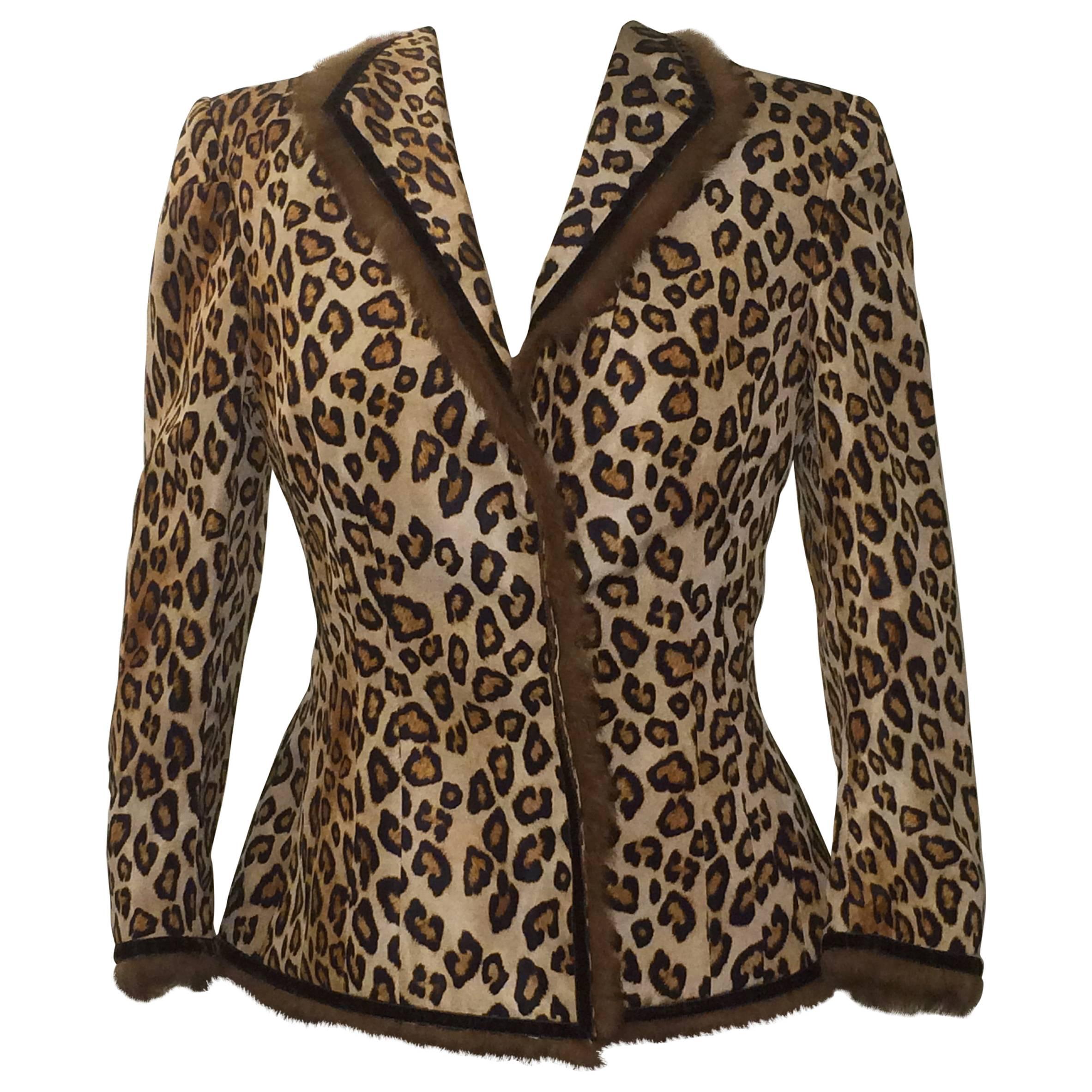 Alexander McQueen 2005 Leopard Print Silk Jacket with Fur Trim