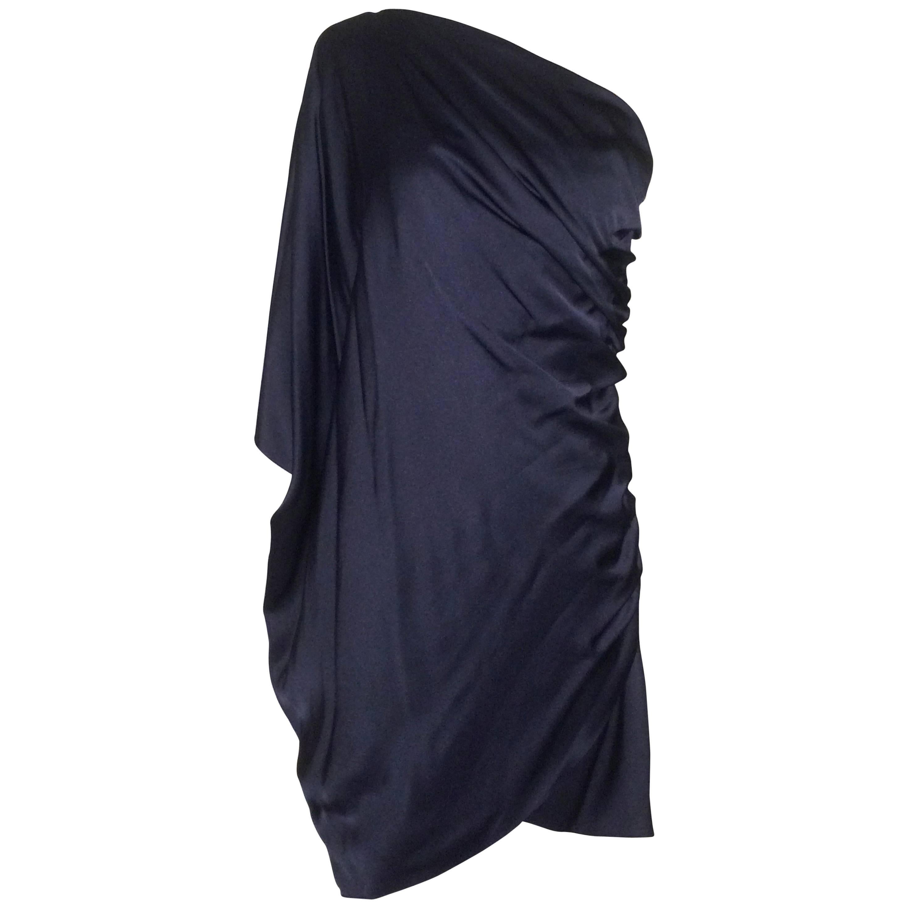 Chanel Navy Silk Asymmetrical One Shoulder Batwing Dress with Ruching at Side