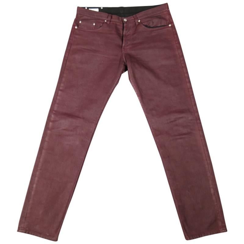 Dries van Noten Men's Burgundy Coated Skinny Jeans, Size 32 