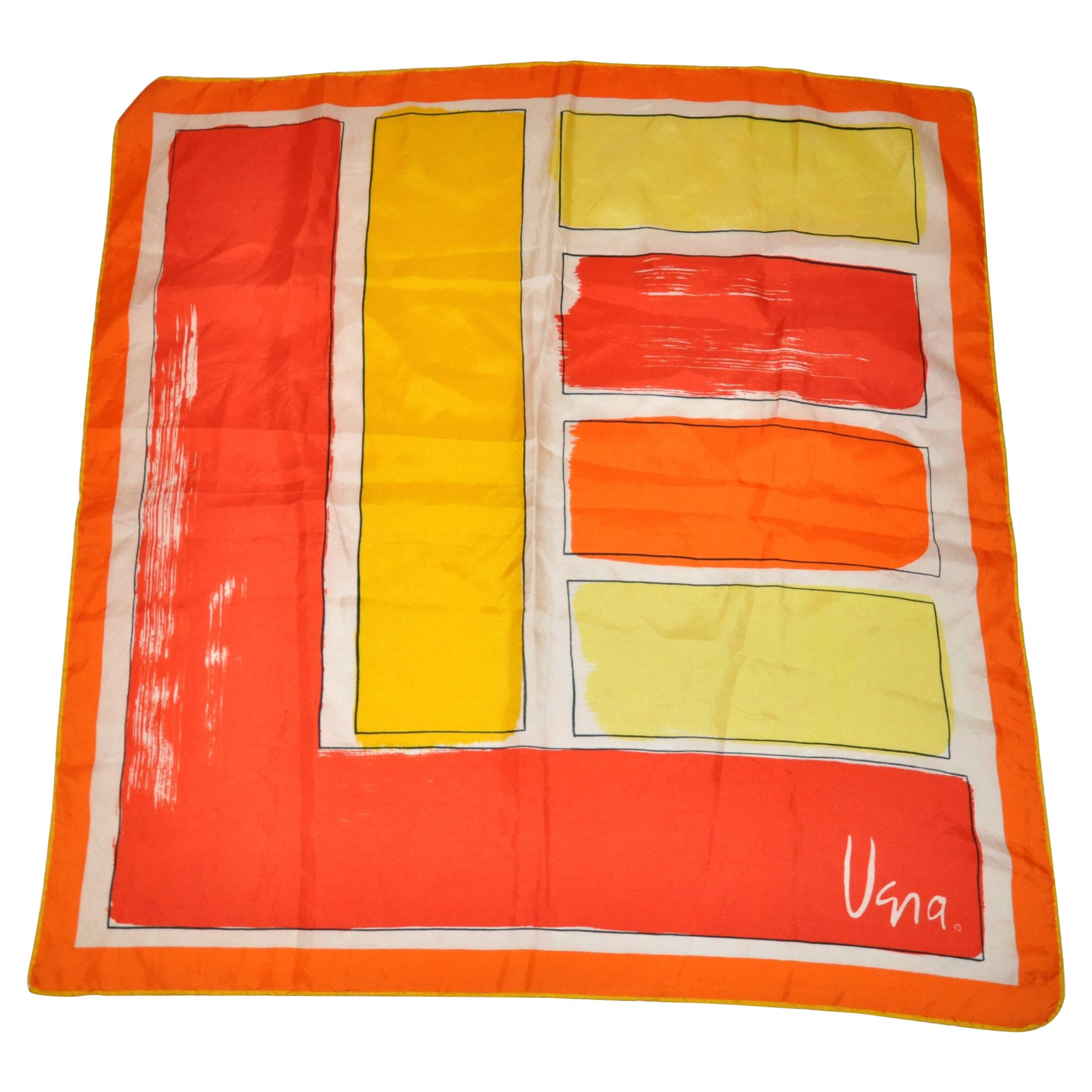 Vera Seidenschal mit gelbem und orangefarbenem Farbblock im Angebot