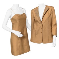 Geoffrey Beene Tan Linen Dress and Jacket with Striped Lapels and Piping