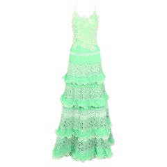 Marie Martine 1970s vintage lime green lace ruffled maxi party dress
