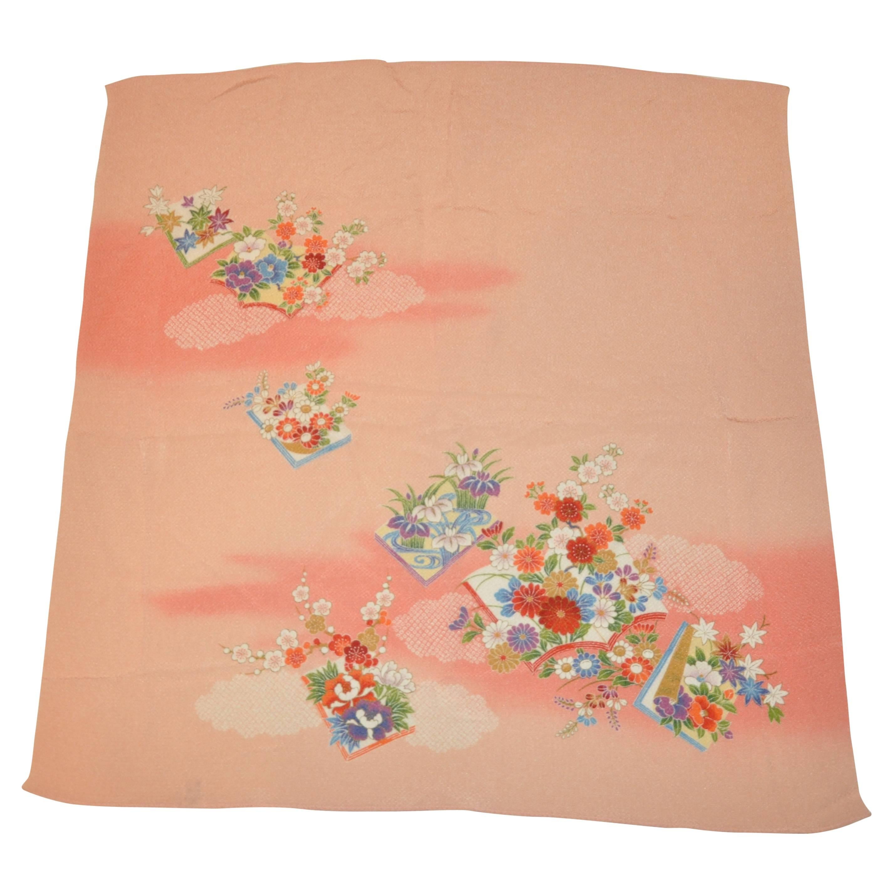 Japanese "Shades of Coral" Floral Silk Scarf For Sale