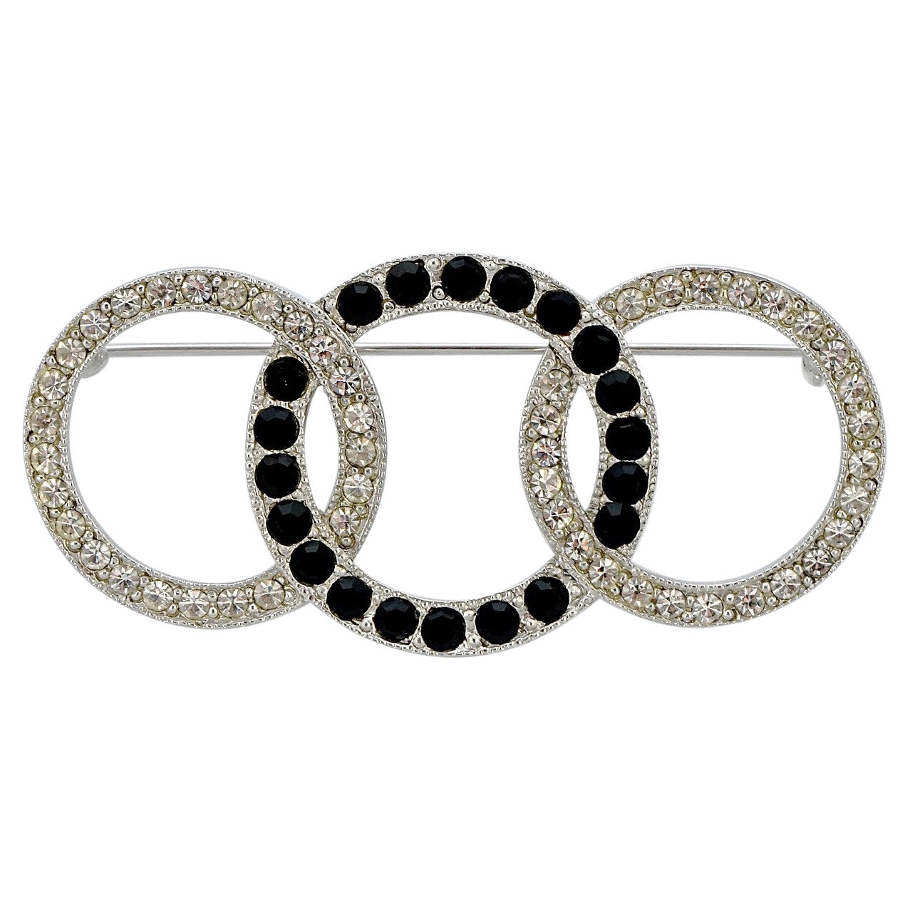 Art Deco 89 Silver Tone Three Circles Brooch with Black and Clear Rhinestones For Sale