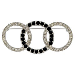 Vintage Art Deco 89 Silver Tone Three Circles Brooch with Black and Clear Rhinestones