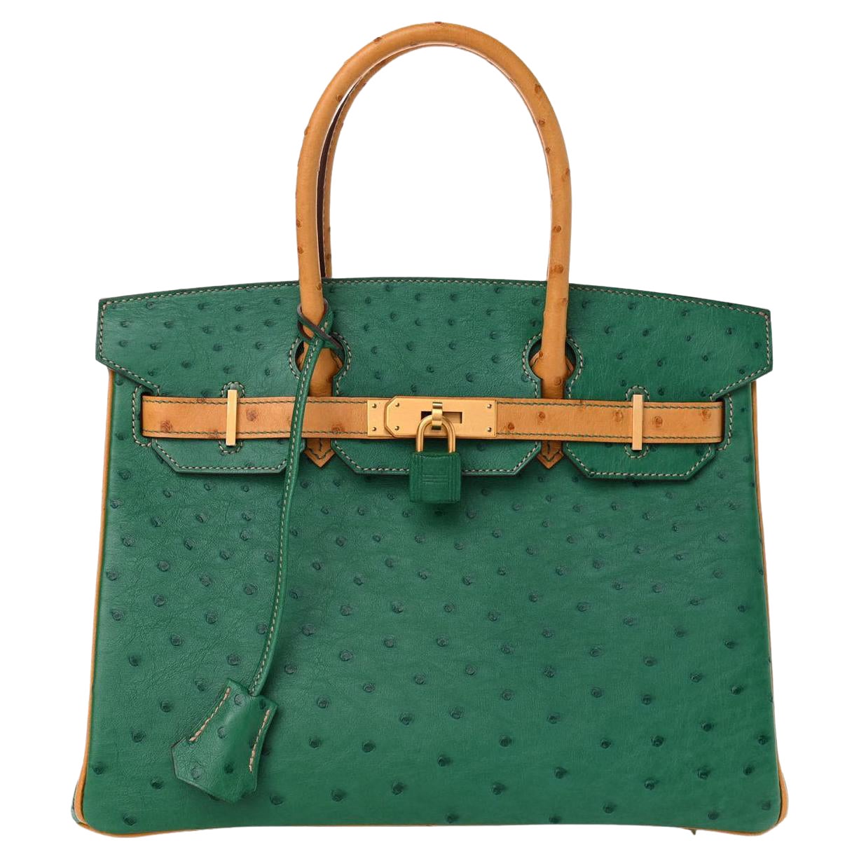 HERMÈS NEW Birkin 30 Tan Green Ostrich Exotic Gold Hardware Top Handle Tote Bag