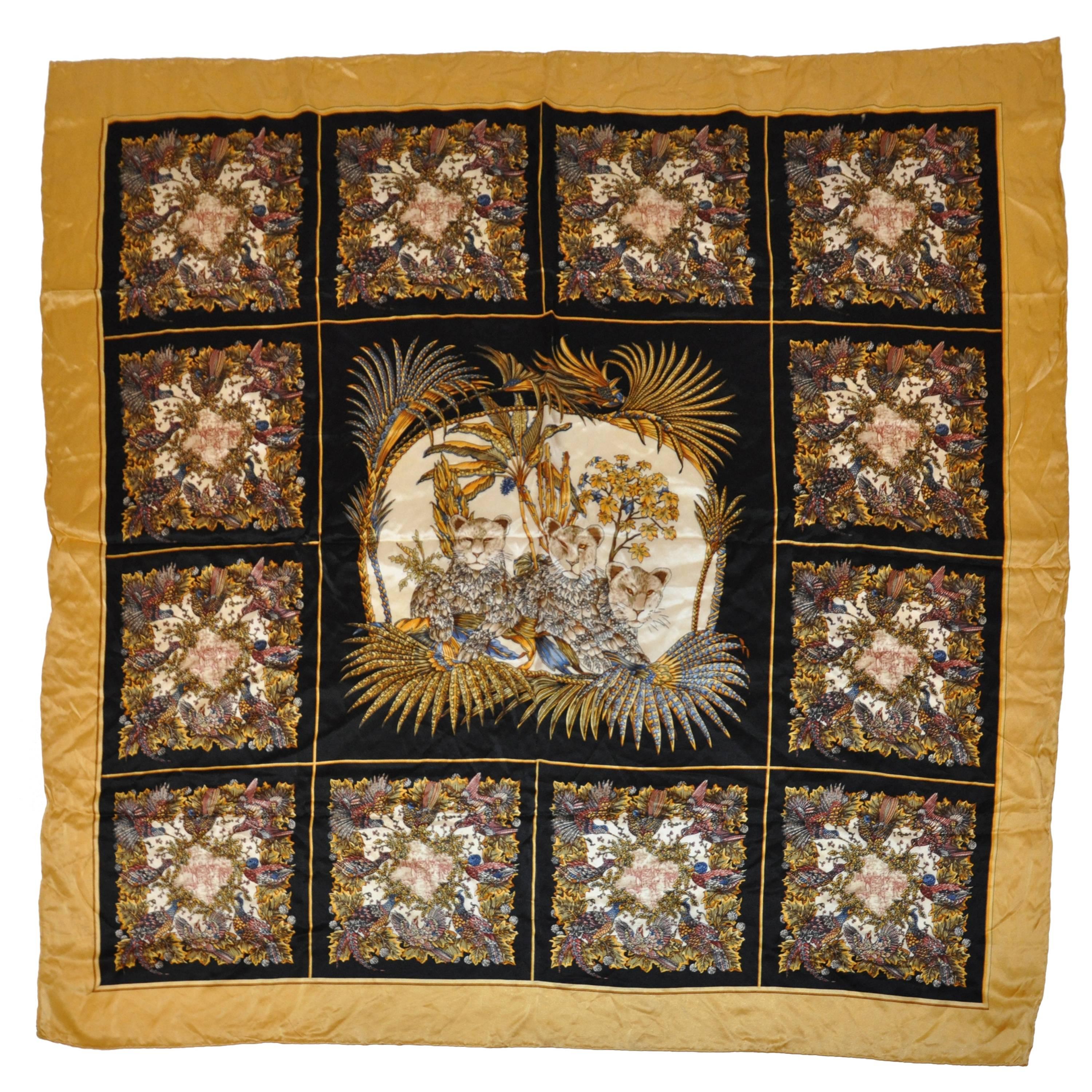 Huge Silk Crepe de Chine "Multi-Birds & Leopard" Hand-Rolled Scarf For Sale