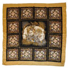 Huge Silk Crepe de Chine "Multi-Birds & Leopard" Hand-Rolled Scarf