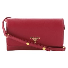 Prada Pink Saffiano Vernice Leather Flap Wallet On Strap