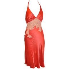 Deep Coral Accented with Lace Silk Crepe di Chine Bias-Cut Cocktail Dress