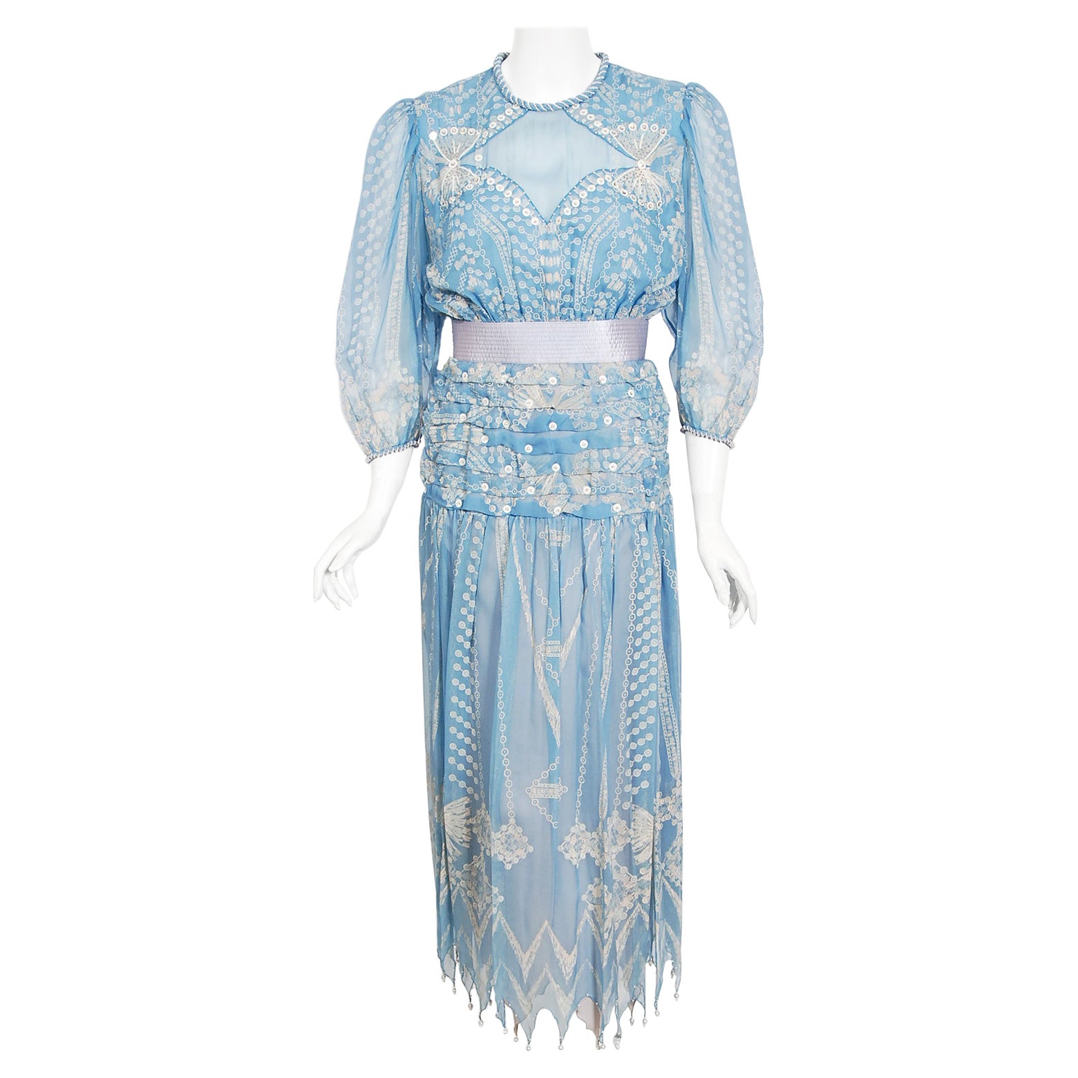Vintage 1985 Zandra Rhodes Ice-Blue Beaded Hand Painted Sheer Silk-Chiffon Dress