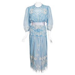 Vintage 1985 Zandra Rhodes Ice-Blue Beaded Hand Painted Sheer Silk-Chiffon Dress