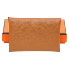 HERMES Epsom Leather Calvi Card Holder Case Wallet Gold Caramel Brown NIB