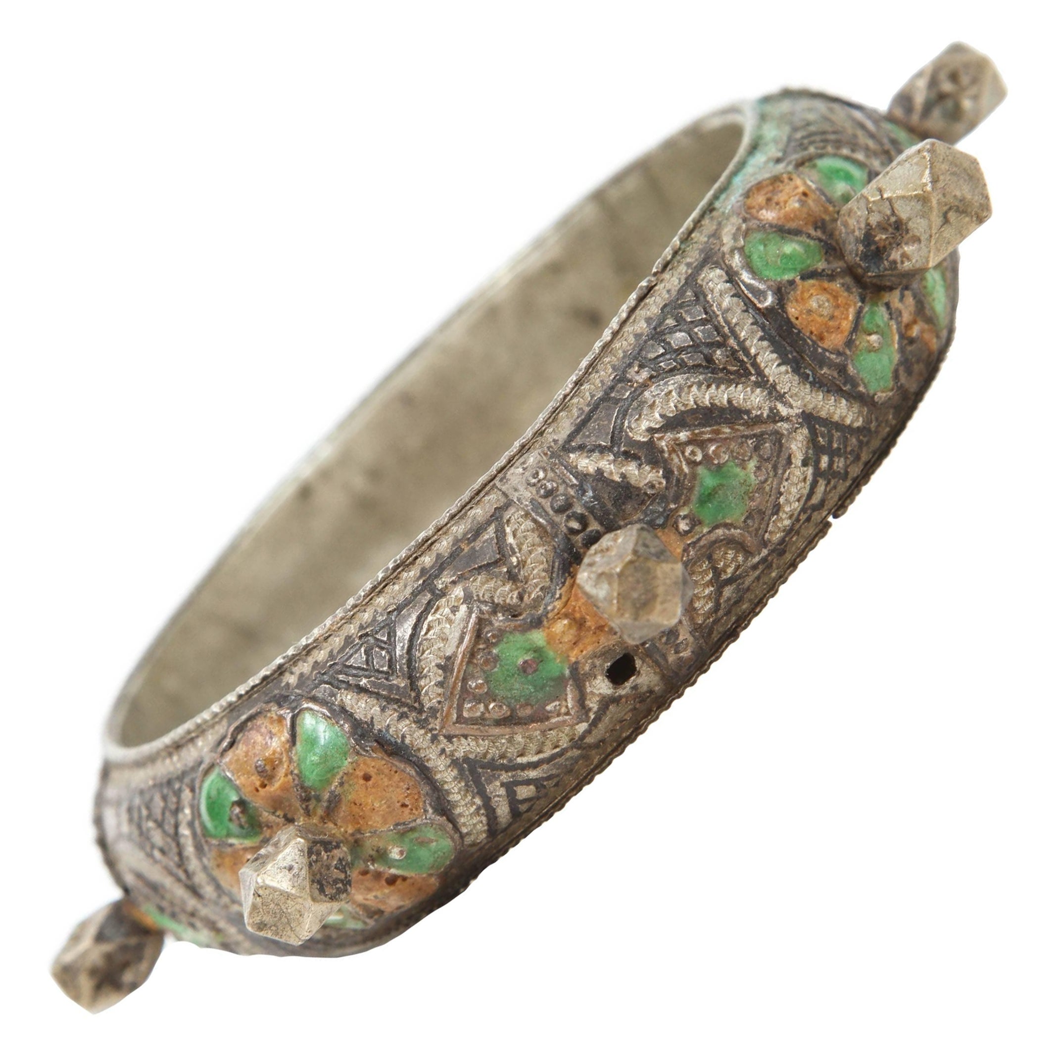 Moroccan Berber Silver Bracelet with Green and Orange Enamel For Sale