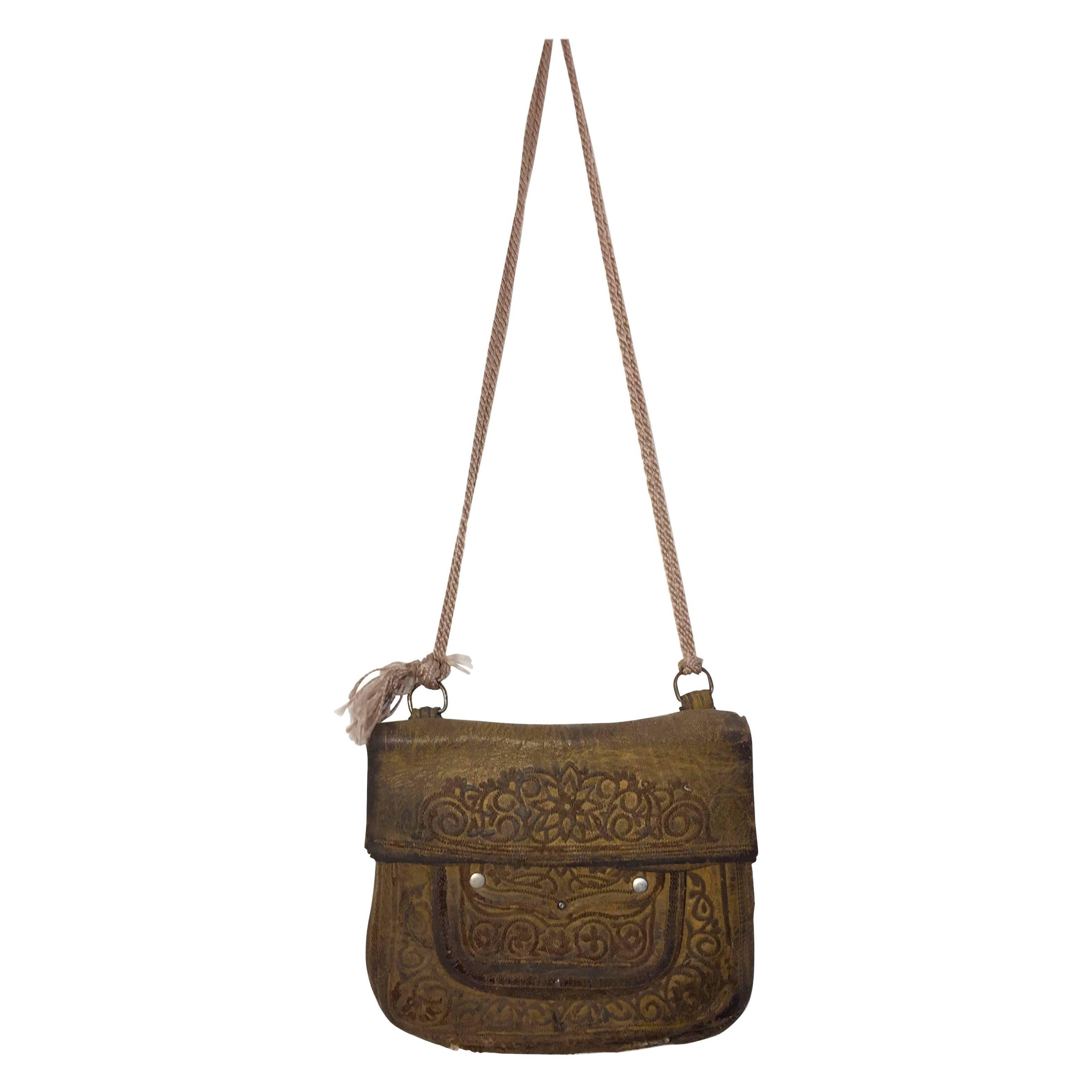 African Hand Tooled Leather Moroccan Shoulder Bag For Sale