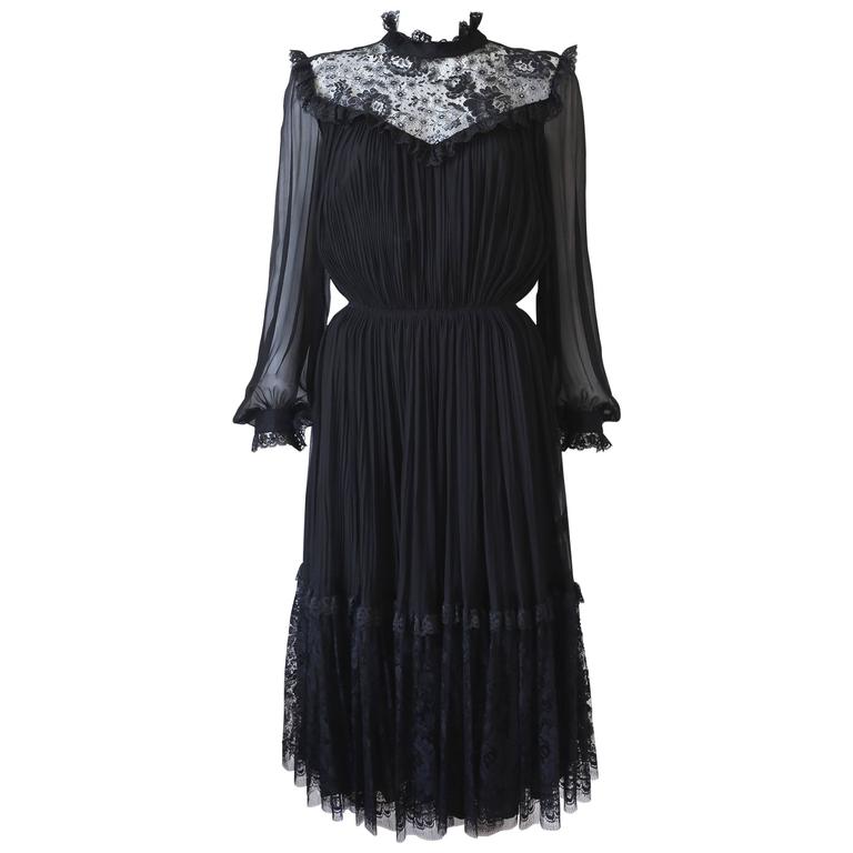 Hardy Amies pleated evening dress with lace, 1970s, offered by One of a Kind Archive