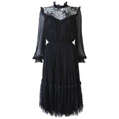 Vintage Hardy Amies pleated evening dress with lace, c. 1970s