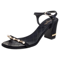 Chanel Black Faux Pearl Embellished Fabric Ankle-Strap Sandals Size 38