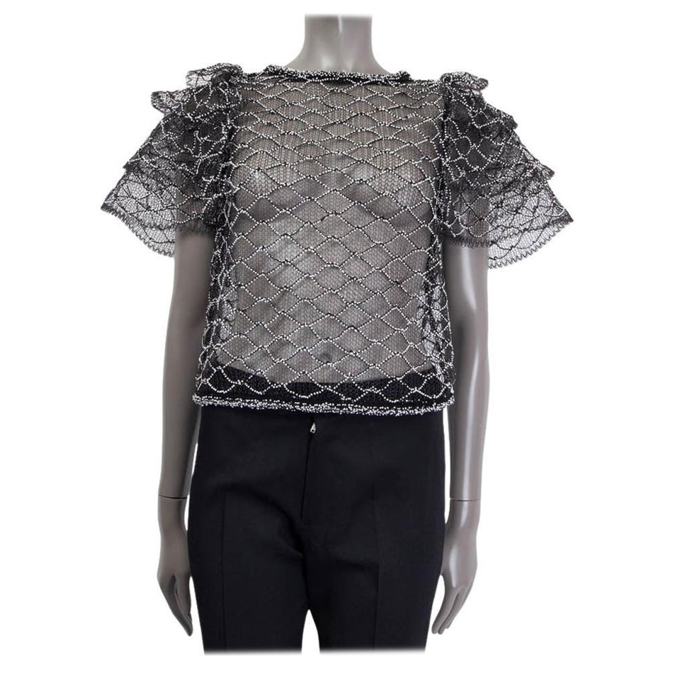 CHANEL black 2018 BEADED FISHNET PUFF SLEEVE Shirt 36 XS For Sale