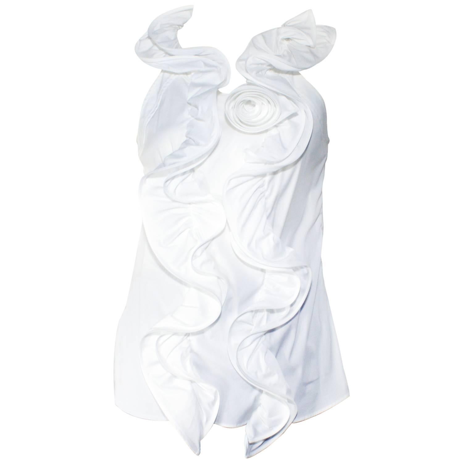 Oscar de la Renta White Ruffle Sleevless Blouse For Sale