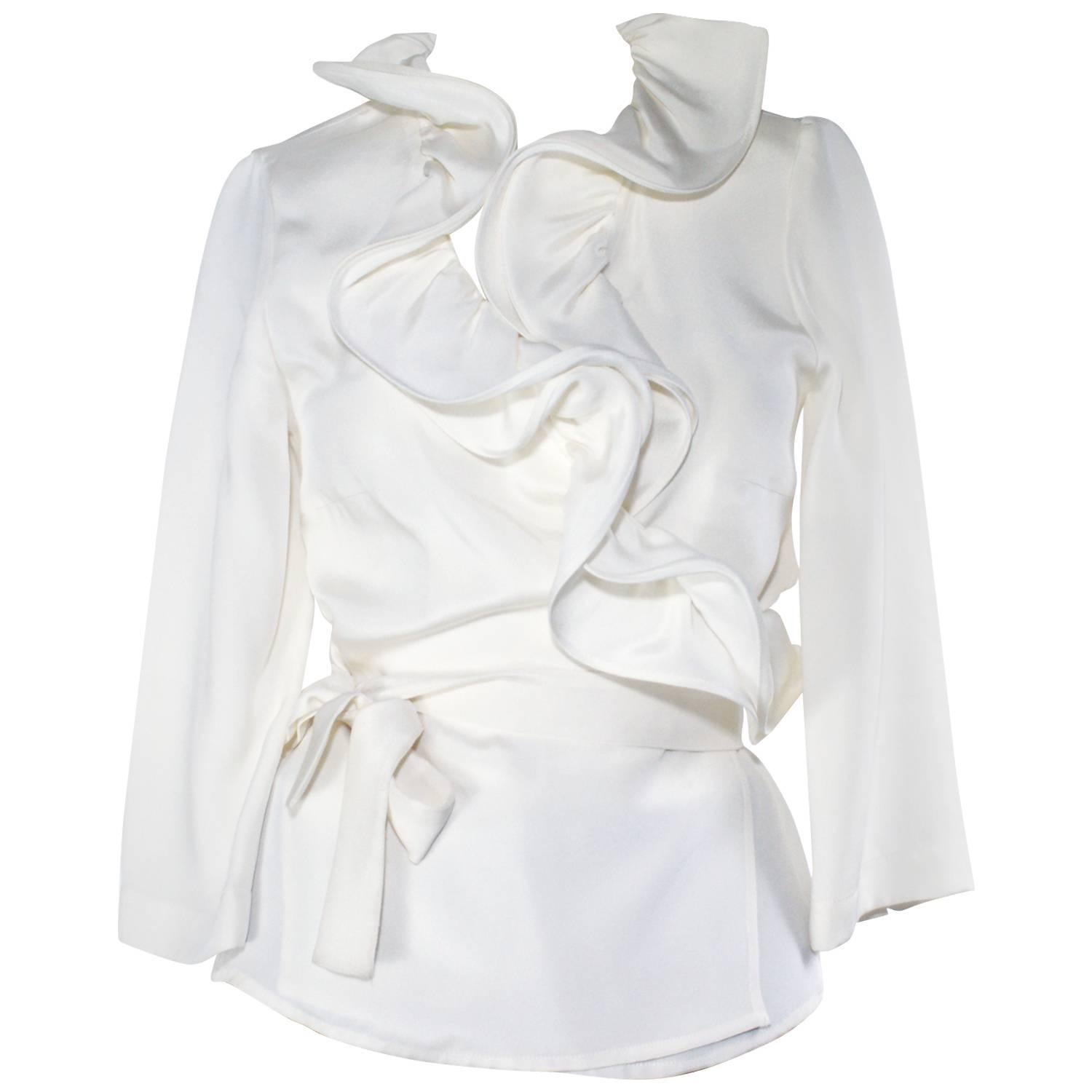 Oscar de la Renta Ivory White Silk Ruffle Blouse For Sale