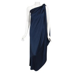 Retro 1976 Halston Couture Navy Silk Draped One-Shoulder Wrap Goddess Gown