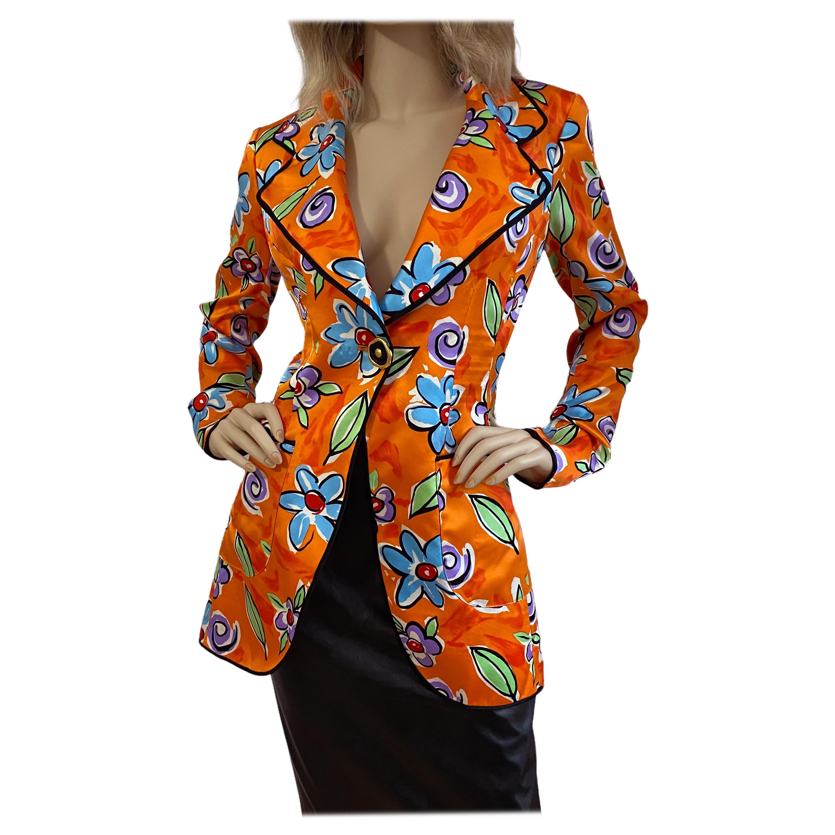 FLORA KUNG made in France Tangerine Silk Duchess Satin Floral Blazer NWT For Sale