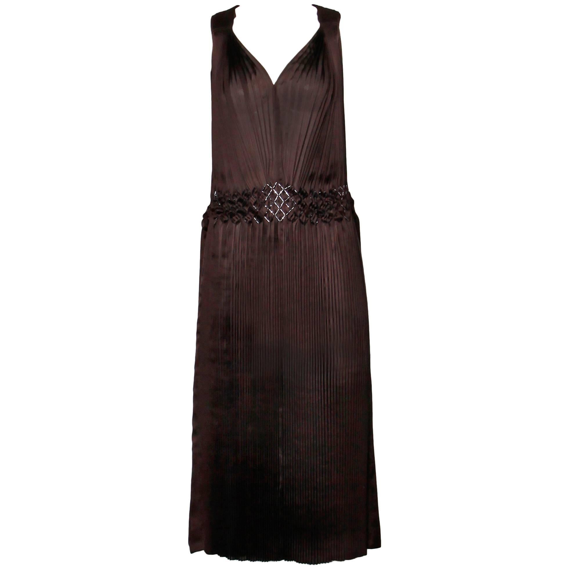 Issey Miyake Brown Pleated Flapper Dress with Unique Beaded Design For Sale