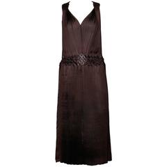 Issey Miyake Brown Pleated Flapper Dress with Unique Beaded Design