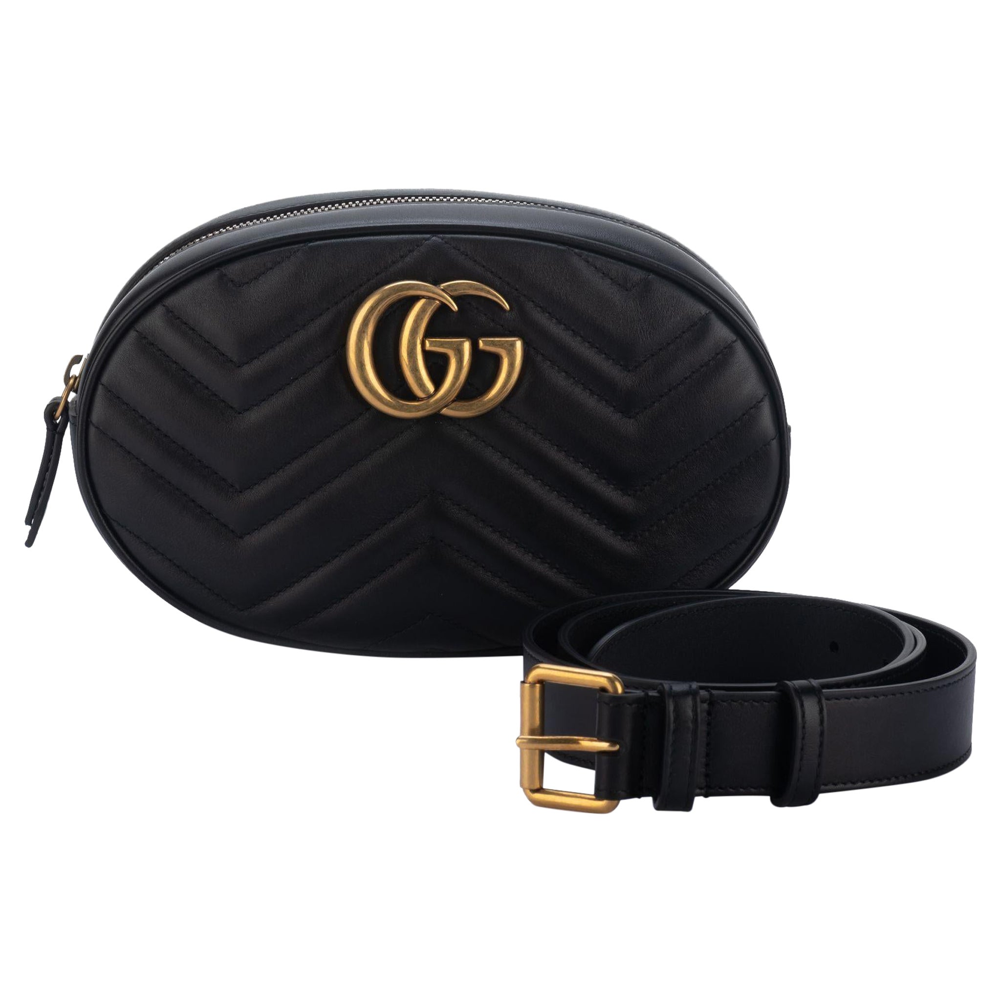 Gucci New Black Gold Marmont Fanny Pack For Sale