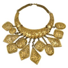 Edouard Rambaud Vintage Gold Toned Oriental Inspired Multi Charms Bib Necklace
