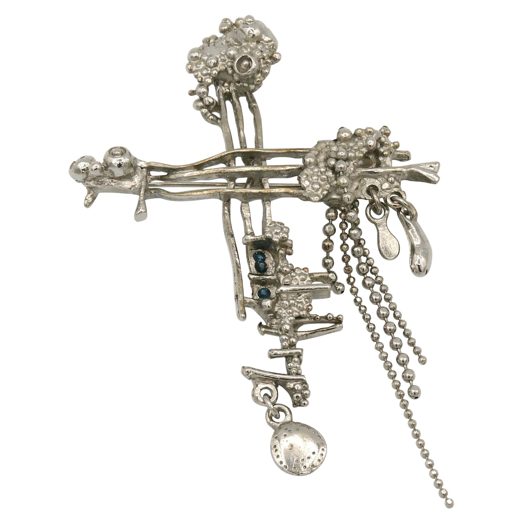 Christian Lacroix Vintage Silver Toned Brutalist Cross Brooch For Sale