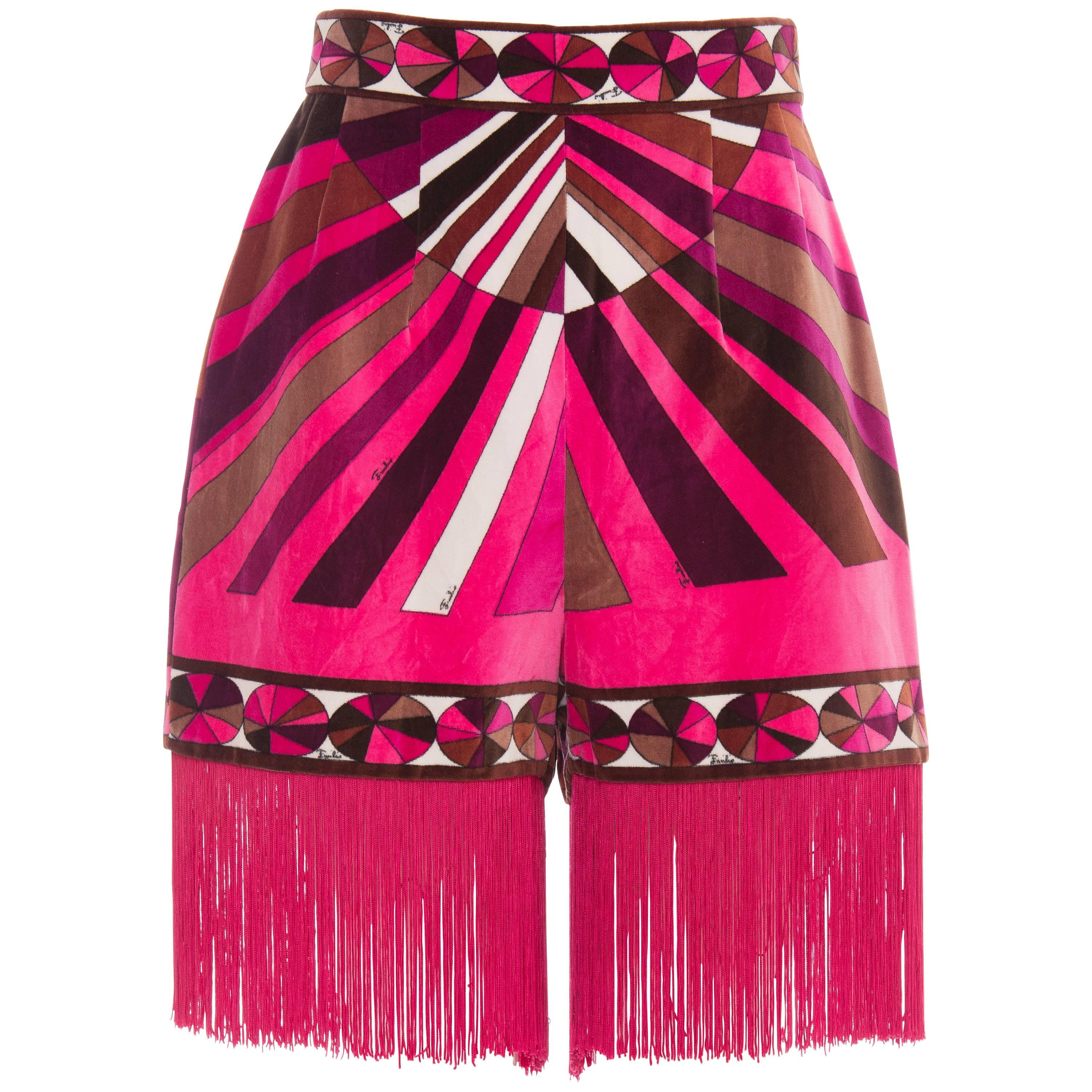 Emilio Pucci Pink Printed Velvet High Waisted Hot Pants Fringe Trim, Circa 1970s