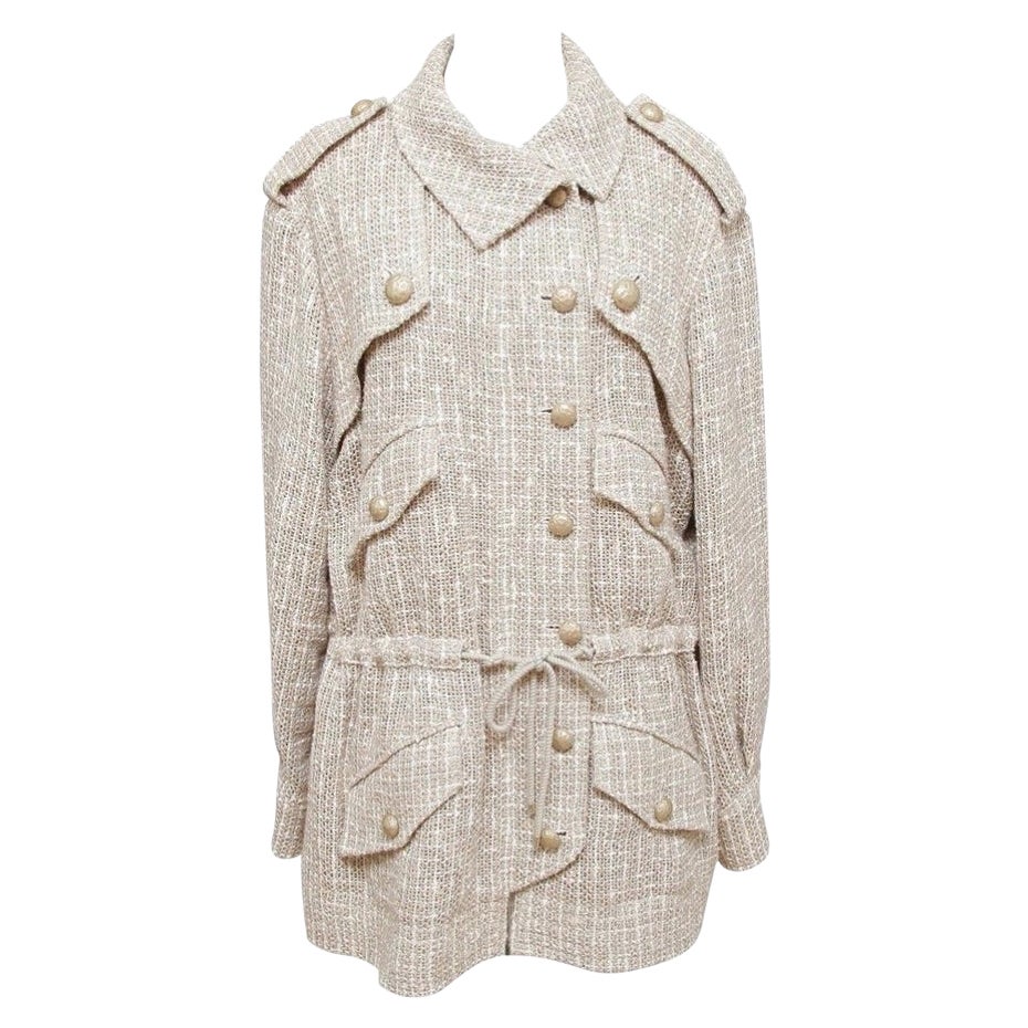 CHANEL Tweed Jacket Blazer Tan White Zipper Buttons Long Sleeve 44 Spring 2015