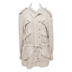 CHANEL Tweed Blazer Jacket Tan White Zipper Buttons Long Sleeve 44 Spring 2015
