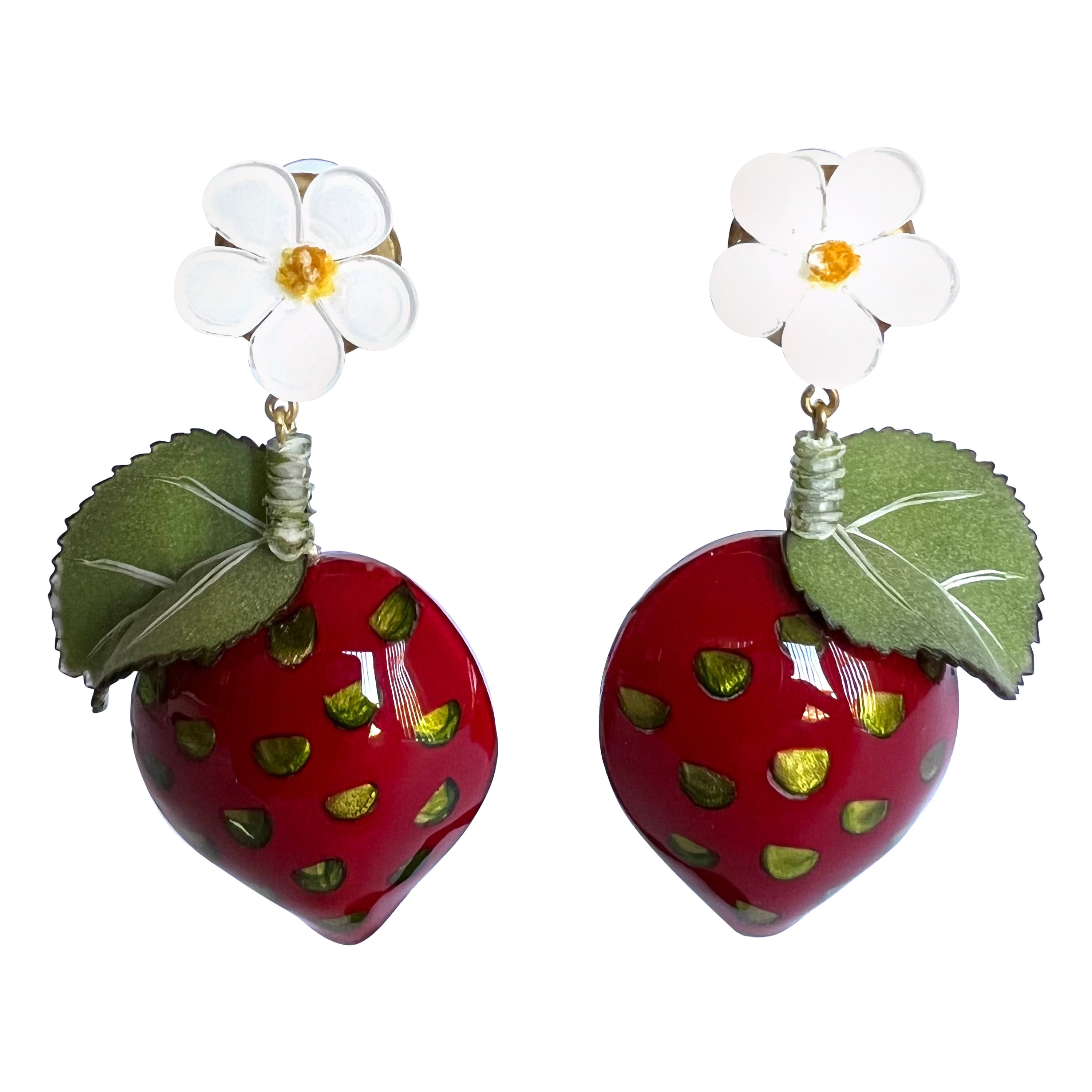 Strawberry and White Flower Enamel Dangle Earrings