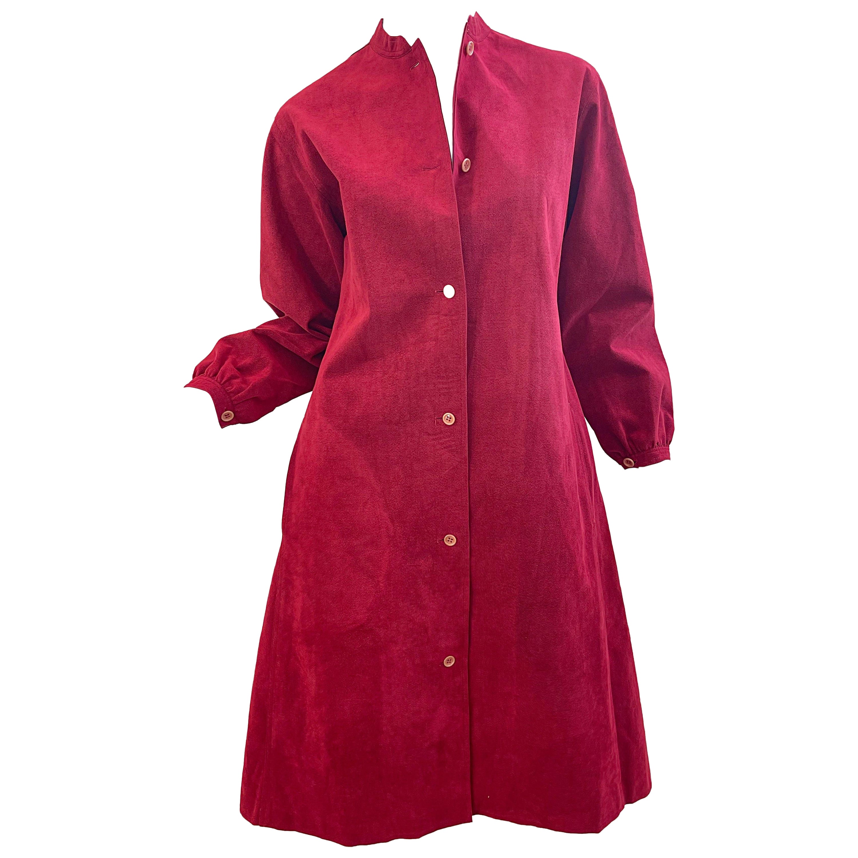 1970s Halston Crimson Red Ultra Suede Long Sleeve Vintage 70s Shirt Dress For Sale