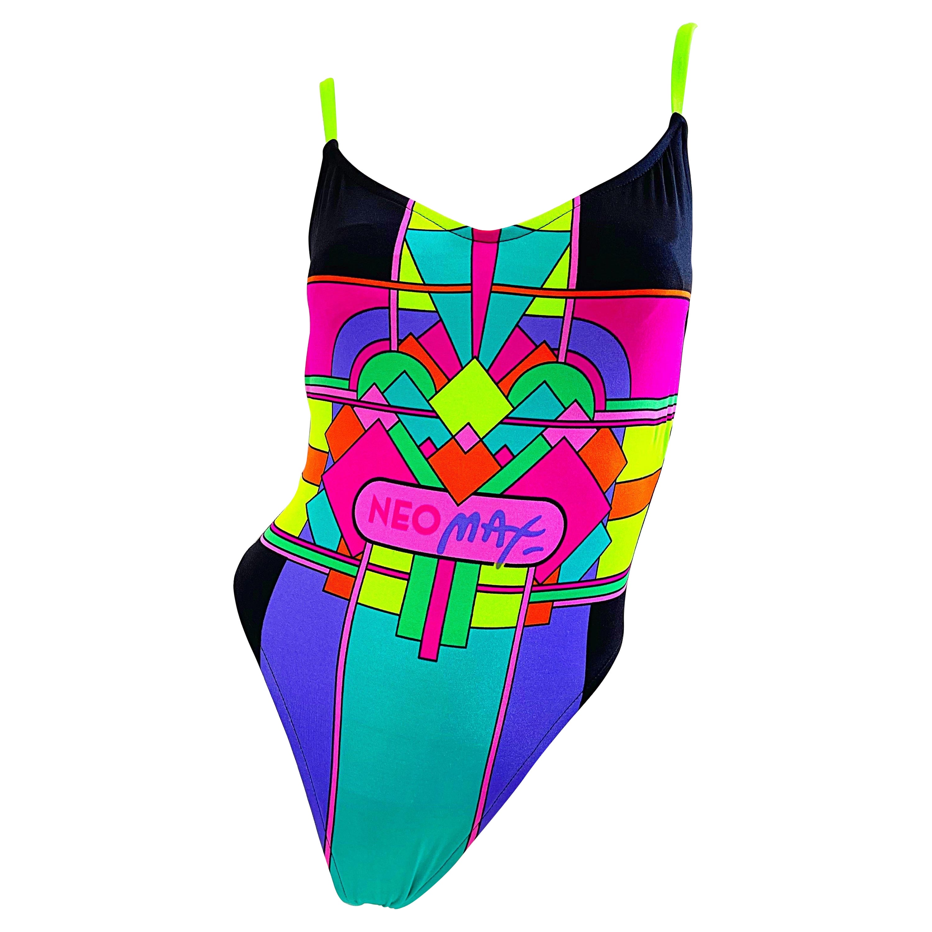 NWT 1980s Peter Max Neomax Neon Abstract Art Print One Piece Swimsuit Bodysuit For Sale