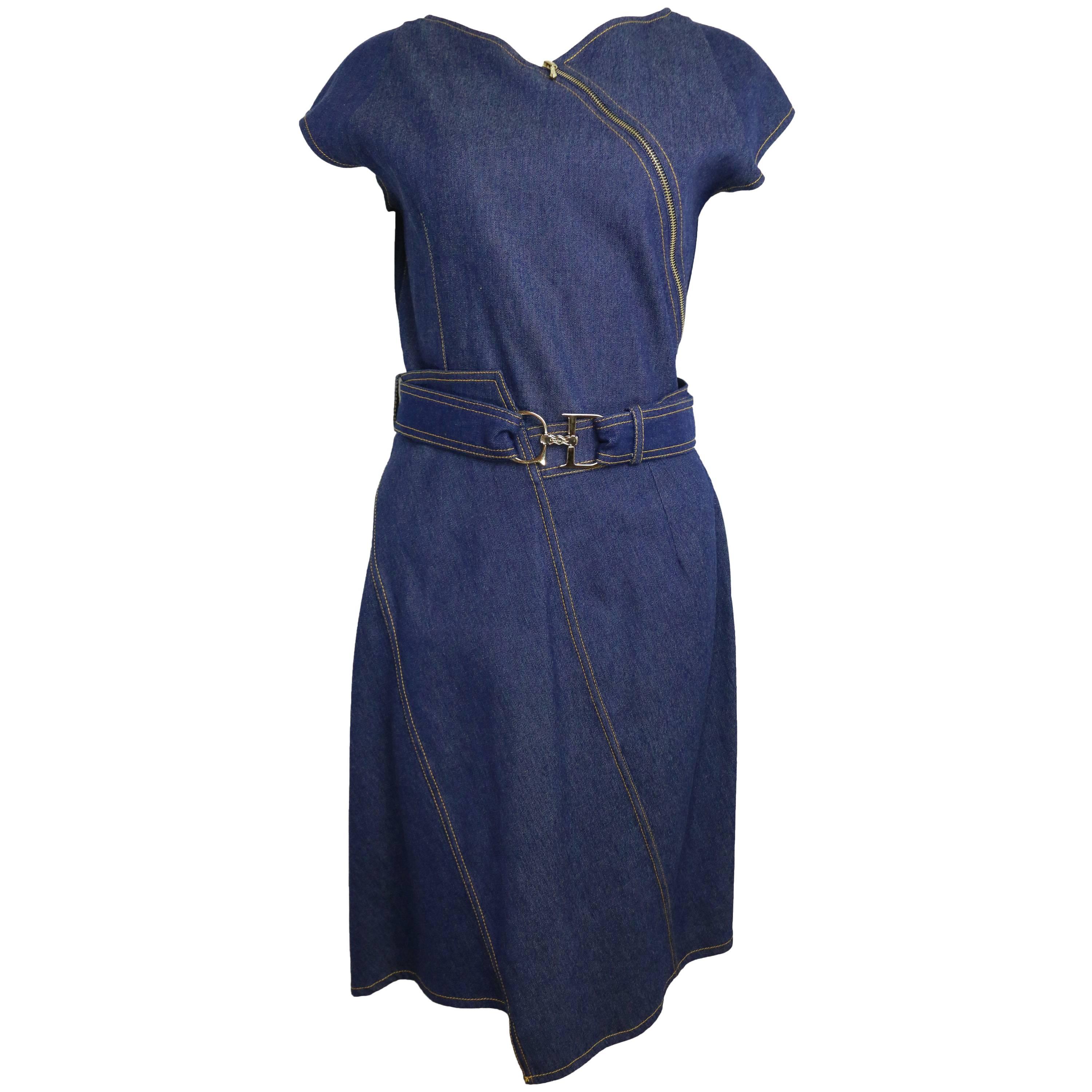 Christian Dior Denim Belted Asymmetrical Sleeveless Dress For Sale