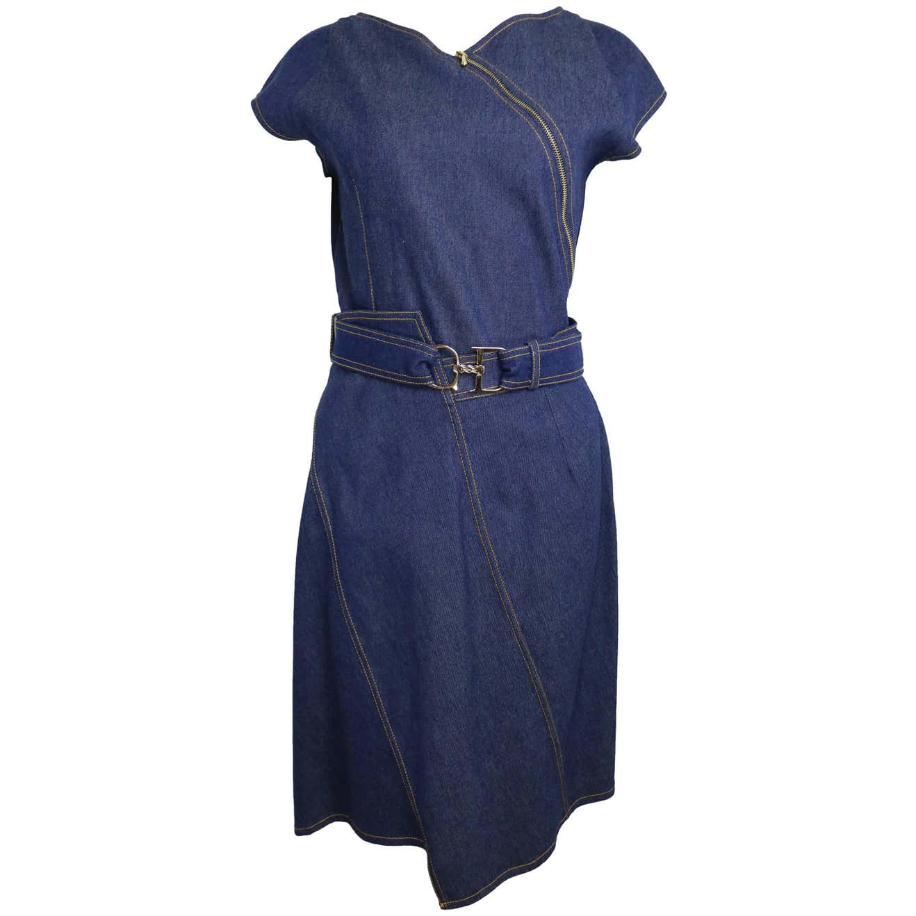 Christian Dior Denim Belted Asymmetrical Sleeveless Dress For Sale at
