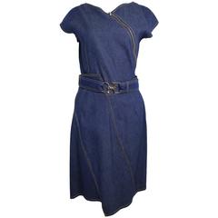 Vintage Christian Dior Denim Belted Asymmetrical Sleeveless Dress