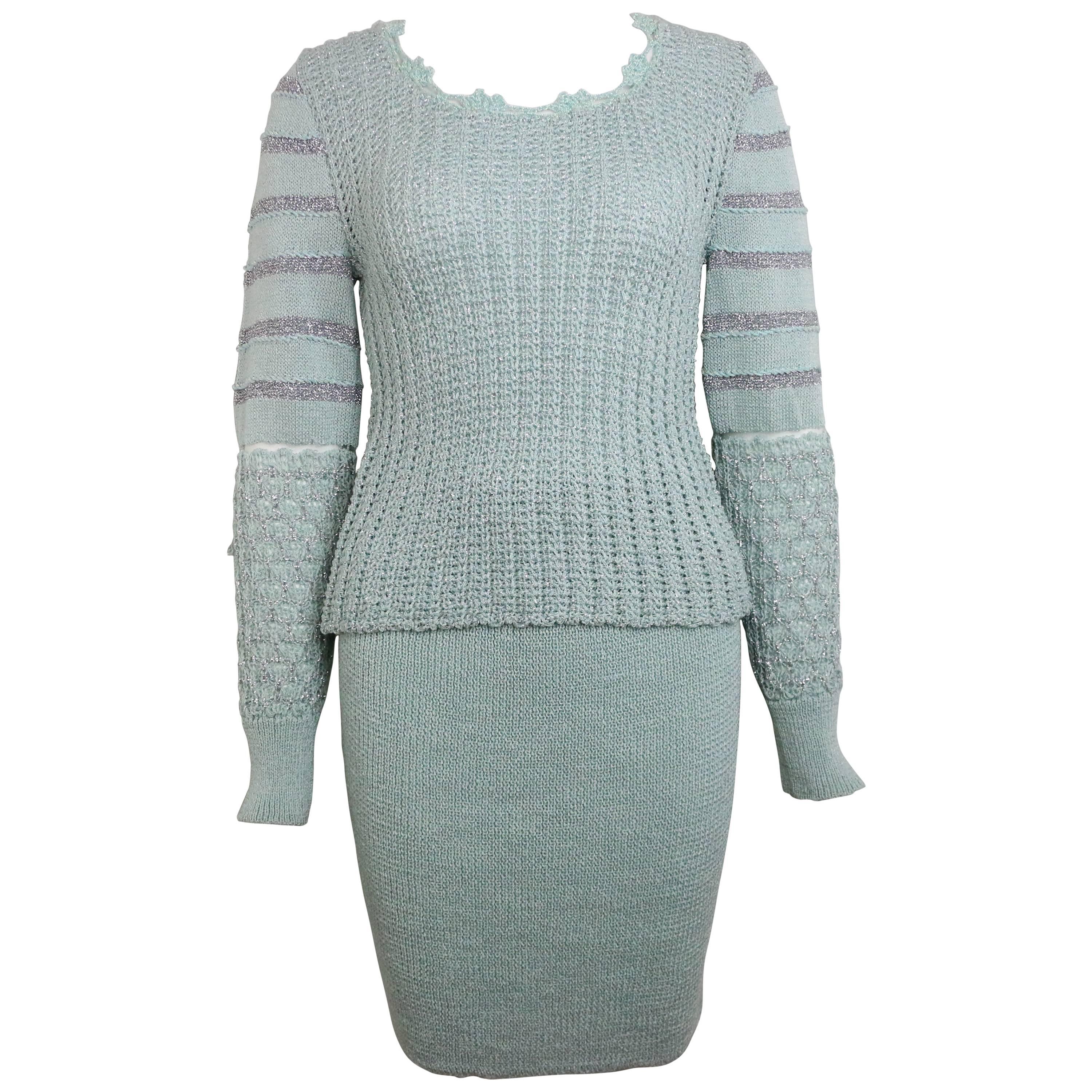 Christian Lacroix Mint Metallic Knitted Two Piece For Sale