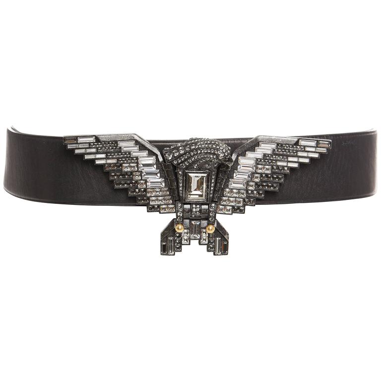 Lanvin Black Leather Belt With Swarovski Crystal Embellished Eagle