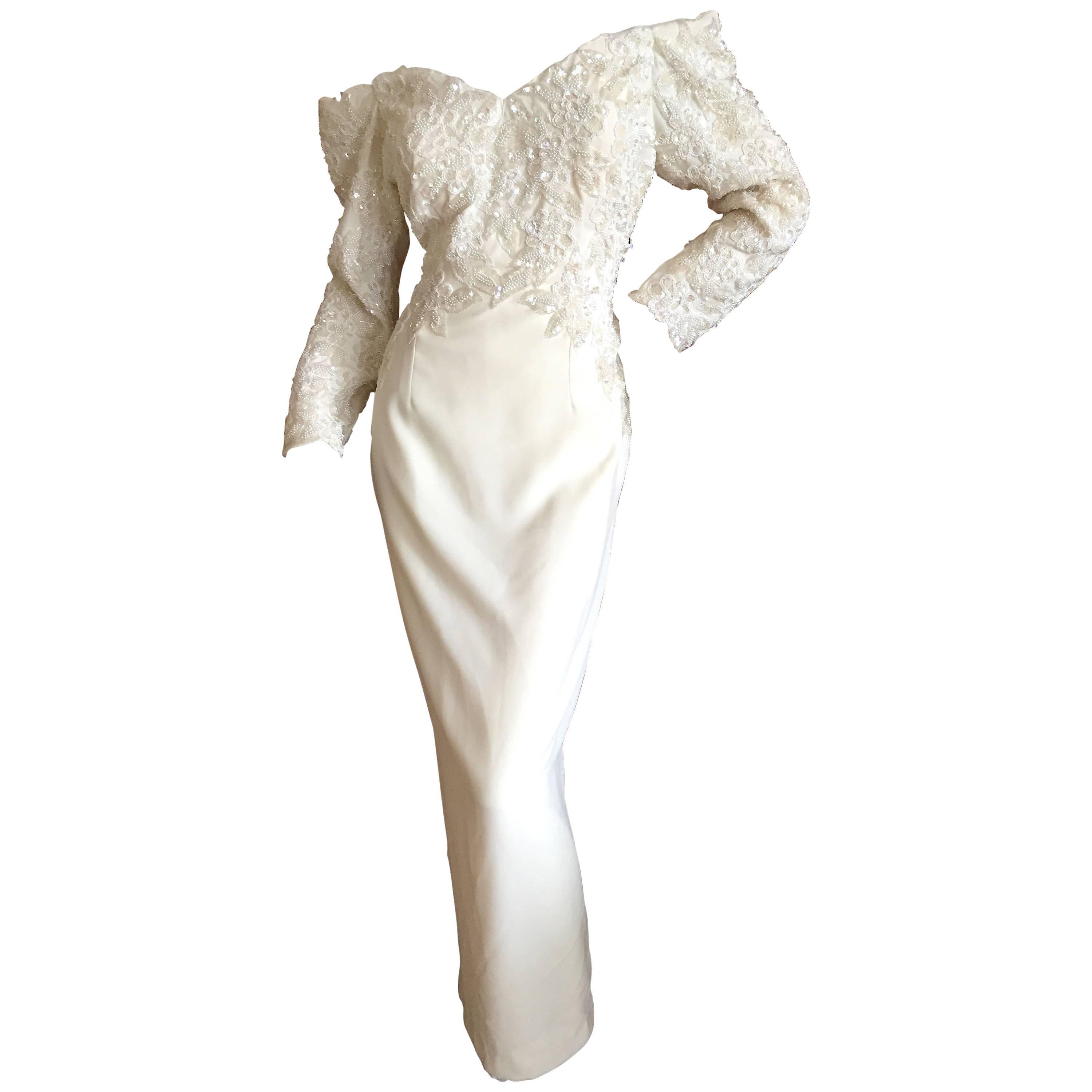 Ted Lapidus Paris Perlenbesetztes elfenbeinfarbenes schulterfreies Kleid im Angebot